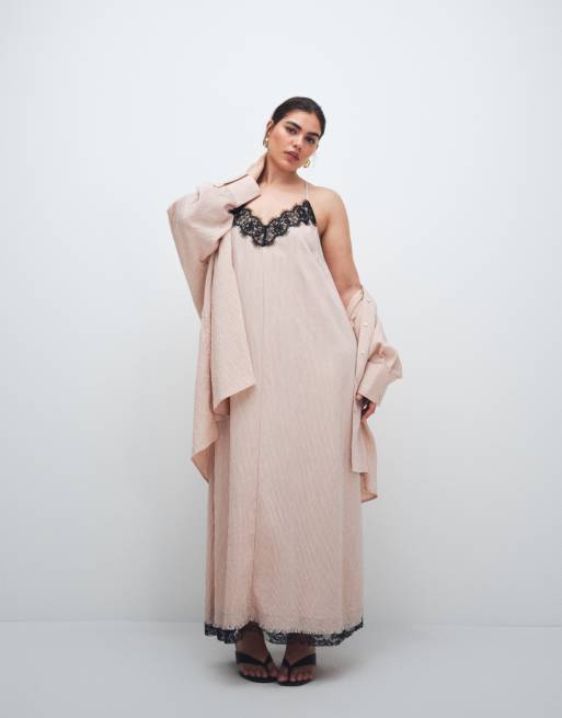 ASOS DESIGN Curve - Prendisole lungo a righe con spalline sottili e dettagli in pizzo 