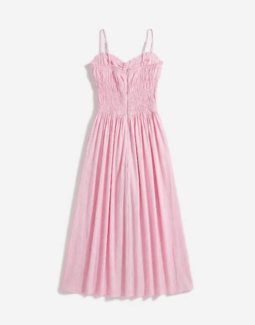ASOS DESIGN Curve - Prendisole lungo arricciato in popeline di cotone rosa a righe con vita scesa, 6 di 11