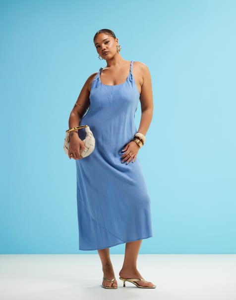 ASOS DESIGN Curve - Prendisole lungo effetto lino con taglio sbieco e spallina incrociata blu denim - view 1