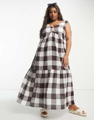 Asos Design Curve - Prendisole Lungo Svasato Color Cioccolato A Quadretti Stropicciato-Multicolore