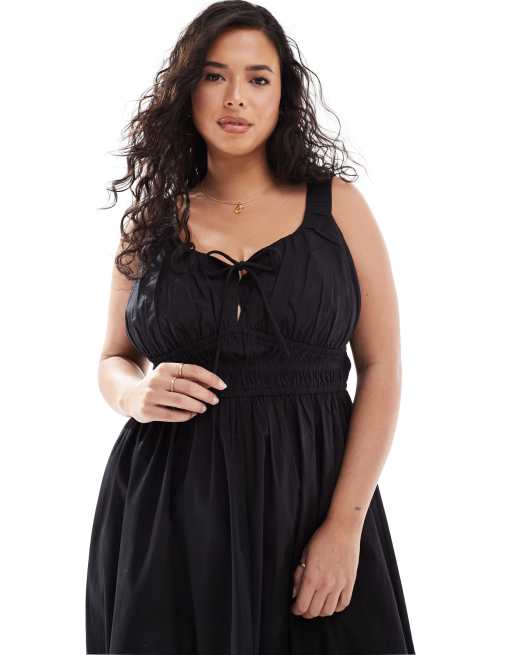 ASOS DESIGN Curve - Prendisole midi nero con spalline larghe e coulisse in vita, 2 di 4