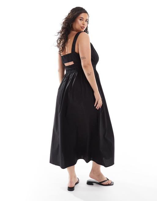 ASOS DESIGN Curve - Prendisole midi nero con spalline larghe e coulisse in vita, 4 di 4
