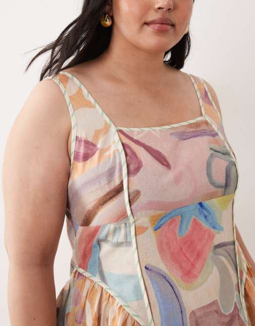 ASOS DESIGN Curve - Prendisole midi stampato con scollo squadrato, bustino modellato e profili a contrasto , 2 di 4