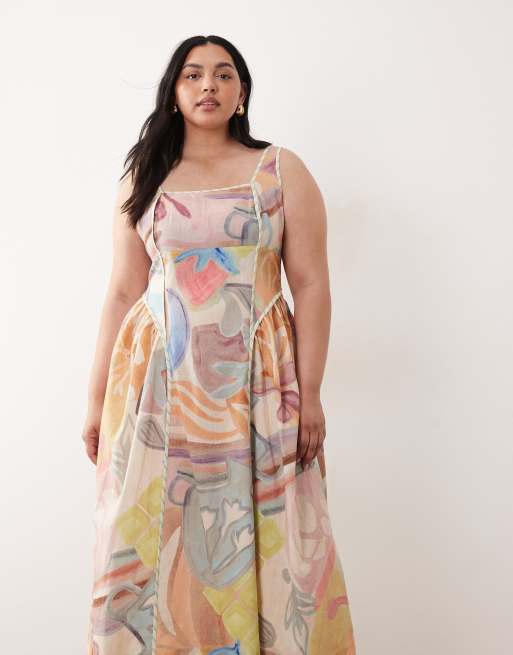 ASOS DESIGN Curve - Prendisole midi stampato con scollo squadrato, bustino modellato e profili a contrasto , 3 di 4