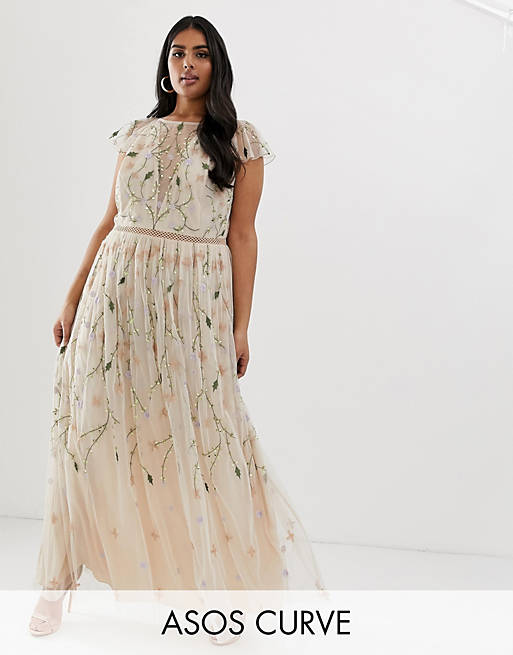 ASOS DESIGN Curve pretty embroidered floral and sequin mesh maxi dress