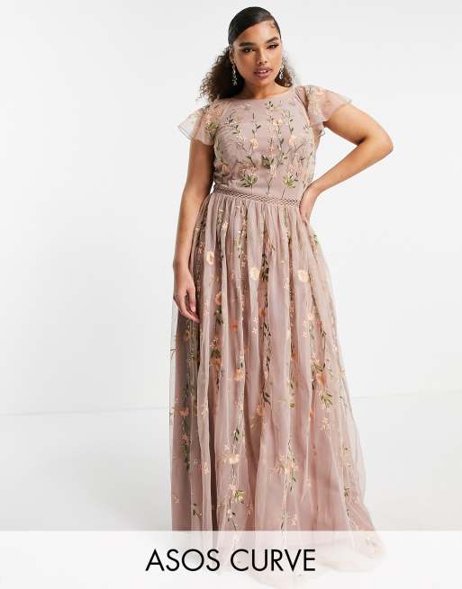 ASOS DESIGN Curve pretty embroidered floral and sequin mesh maxi dress ...