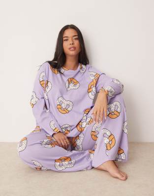 ASOS DESIGN Curve pretzel long sleeve top 
pants pajama set in lilac-Purple