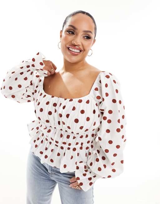 ASOS DESIGN Curve – Prickig blus med puffärmar och fyrkantig ringning 