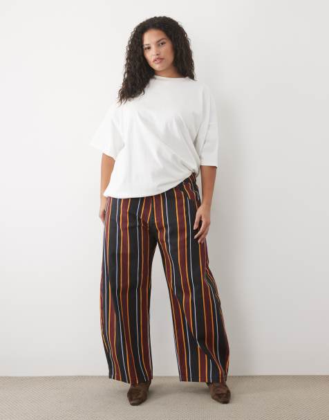 ASOS DESIGN Curve printed barrel leg trouser in burgundy stripe - view 1