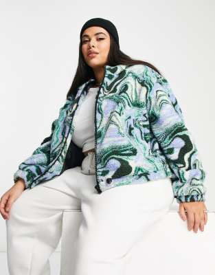 ASOS DESIGN Curve printed borg jacket in blue