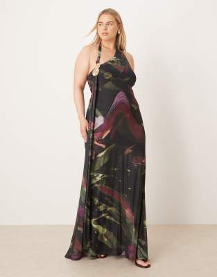 ASOS DESIGN Curve printed mesh drape scarf neck maxi dress with gold hardware in dark abstract print-Multi
