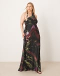 [ASOS DESIGN] ASOS DESIGN Curve printed mesh drape scarf neck maxi dress with gold hardware in dark abstract print-Multi 22 Dark abstract print