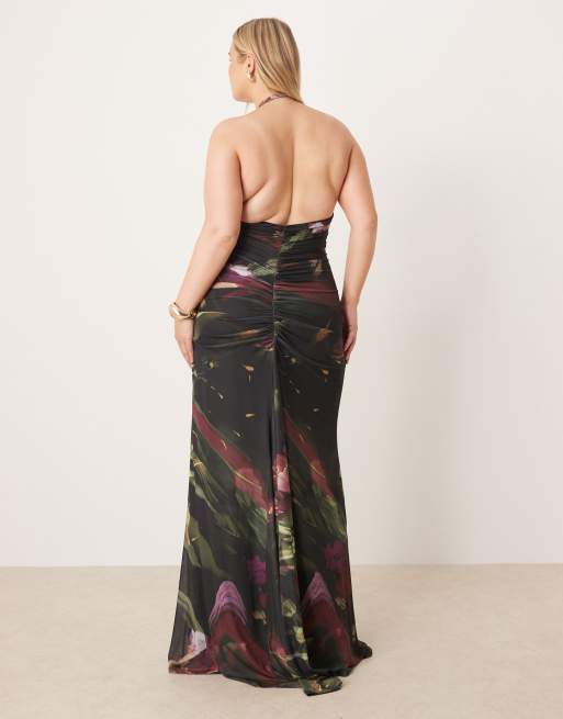 ASOS DESIGN Curve printed mesh drape scarf neck maxi dress with gold  hardware in dark abstract print | ASOS