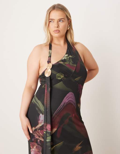 ASOS DESIGN Curve printed mesh drape scarf neck maxi dress with gold hardware in dark abstract print, 4 of 4