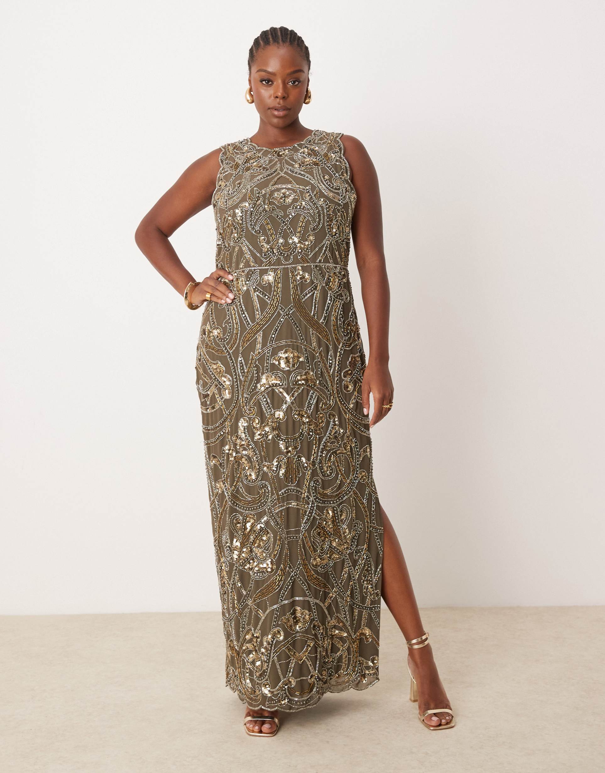 asos design curve printed nouveau embellished maxi dress with cut out side in charcoal