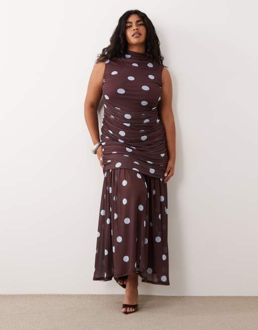 ASOS DESIGN Curve printed polka dot ruched drop waist circle dress with grown in neck in blue, 2 of 4