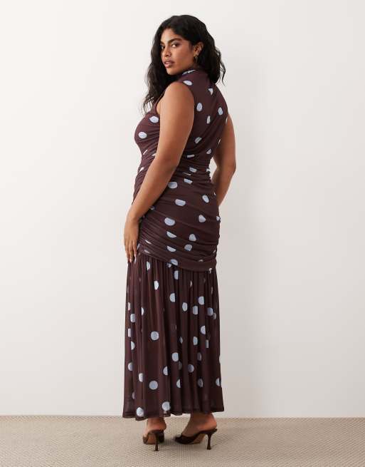 ASOS DESIGN Curve printed polka dot ruched drop waist circle dress with grown in neck in blue, 4 of 4