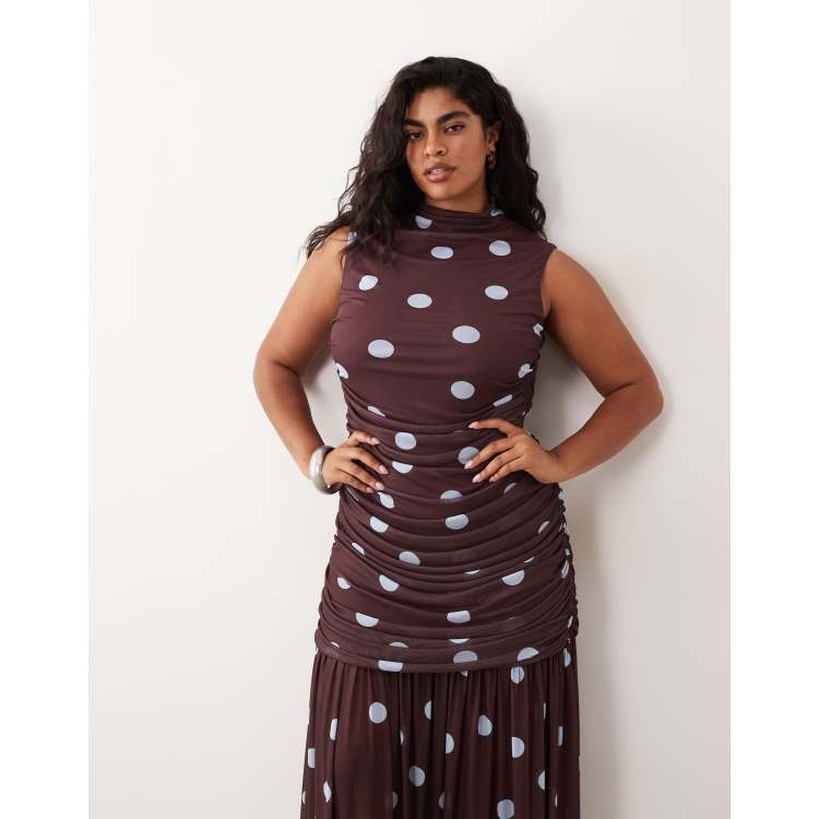 ASOS DESIGN Curve printed polka dot ruched drop waist circle dress with  grown on neck in blue | ASOS