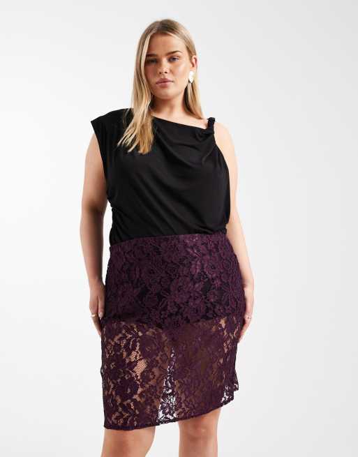 ASOS DESIGN Curve – Prześwitująca spódnica koronkowa do kolan w kolorze śliwkowym, 2 z 5