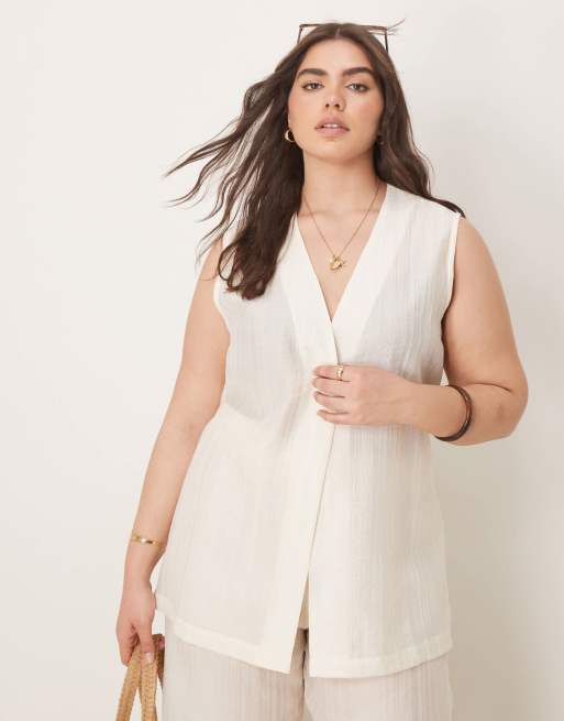 ASOS DESIGN Curve – Prześwitująca teksturowana kamizelka na co dzień o wydłużonym fasonie w kolorze złamanej bieli, część zestawu