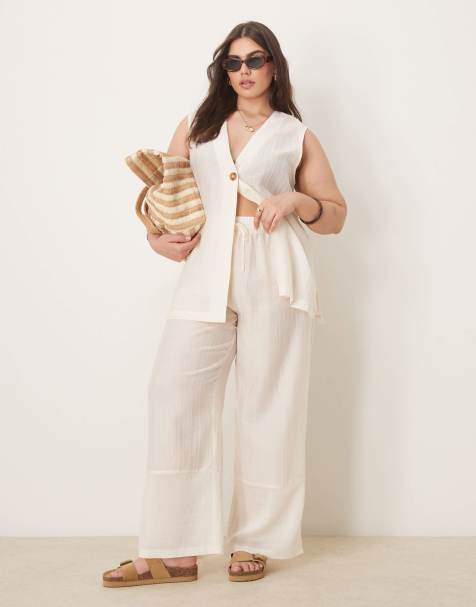 ASOS DESIGN Curve sheer textured wide leg trousers co-ord in off white