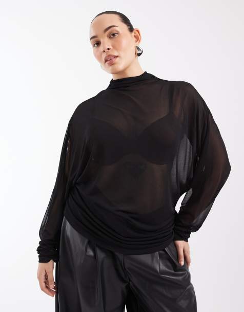 ASOS DESIGN Curve przezroczysty top z rękawem nietoperzowym, golfem i marszczonymi rękawami w kolorze czarnym - view 1