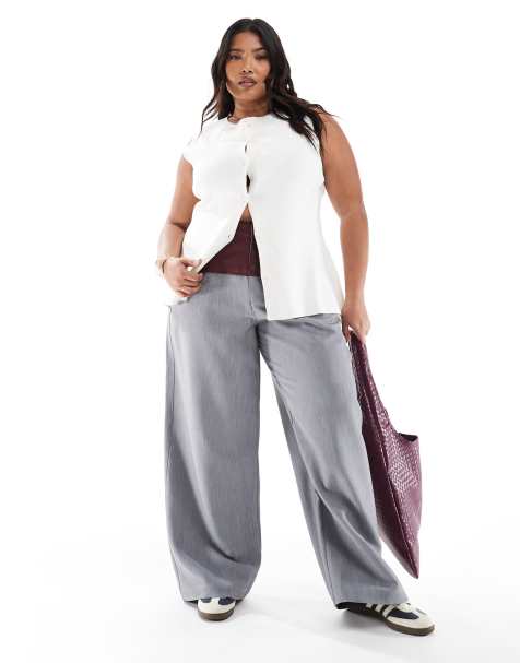 ASOS DESIGN Curve PU panelled contrast tailored trouser in grey - view 1