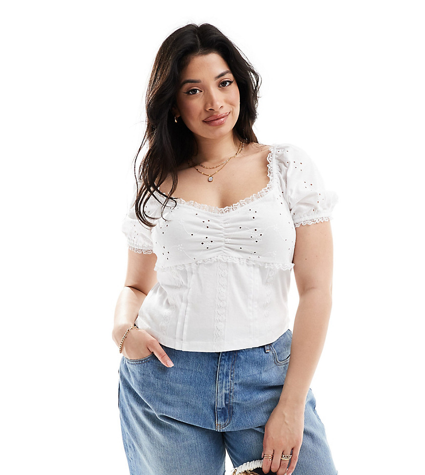ASOS DESIGN Curve puff sleeve broderie milkmaid top in white