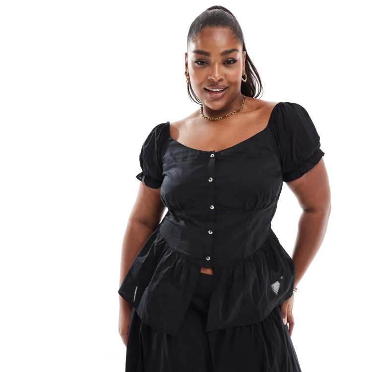 美品　マノフ　PUFF SLEEVE TOPS ブラック Puff Sleeve Off-Shoulder Cotton Crop Top in Black - Retro