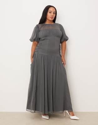 Asos Curve Asos Design Curve Puff Sleeve Chiffon Maxi Dress In Gray