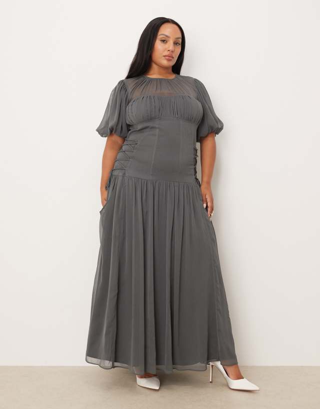 asos design puff sleeve dress Curve - Chiffon Maxi - Women - Polyester - 14 US Dark blue maxi dress Color:Brown Gold back fastening ensure a puff sleeves with cuff Blue Bridesmaid Gown