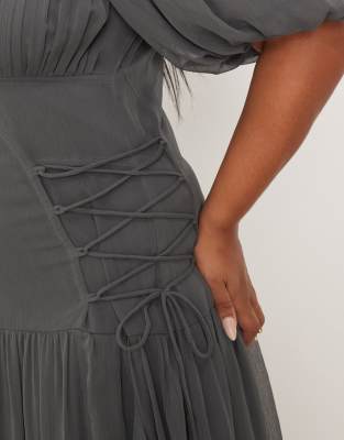 Asos Curve Asos Design Curve Puff Sleeve Chiffon Maxi Dress In Gray