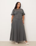 [ASOS Curve] ASOS DESIGN Curve puff sleeve chiffon maxi dress in charcoal grey-Multi 20 Charcoal grey