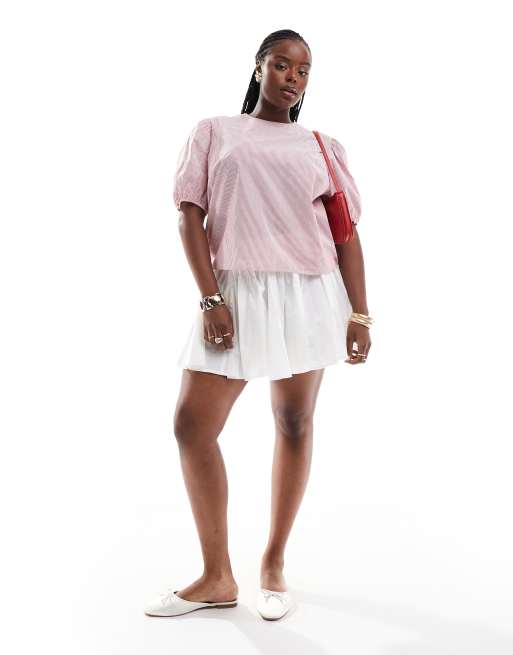 ASOS DESIGN Curve puff sleeve cotton top in red stripe, 3 of 4