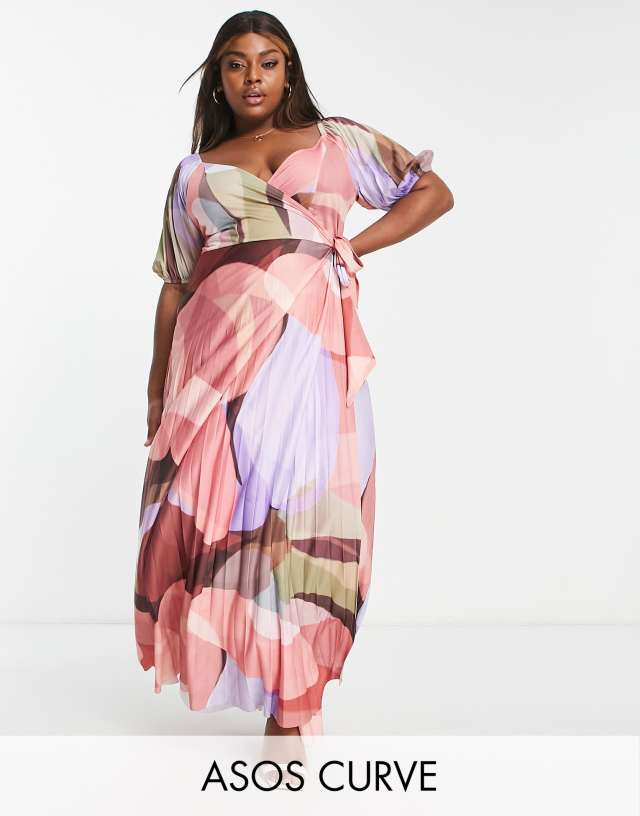 ASOS DESIGN Curve puff sleeve gathered front maxi dress in abstract print