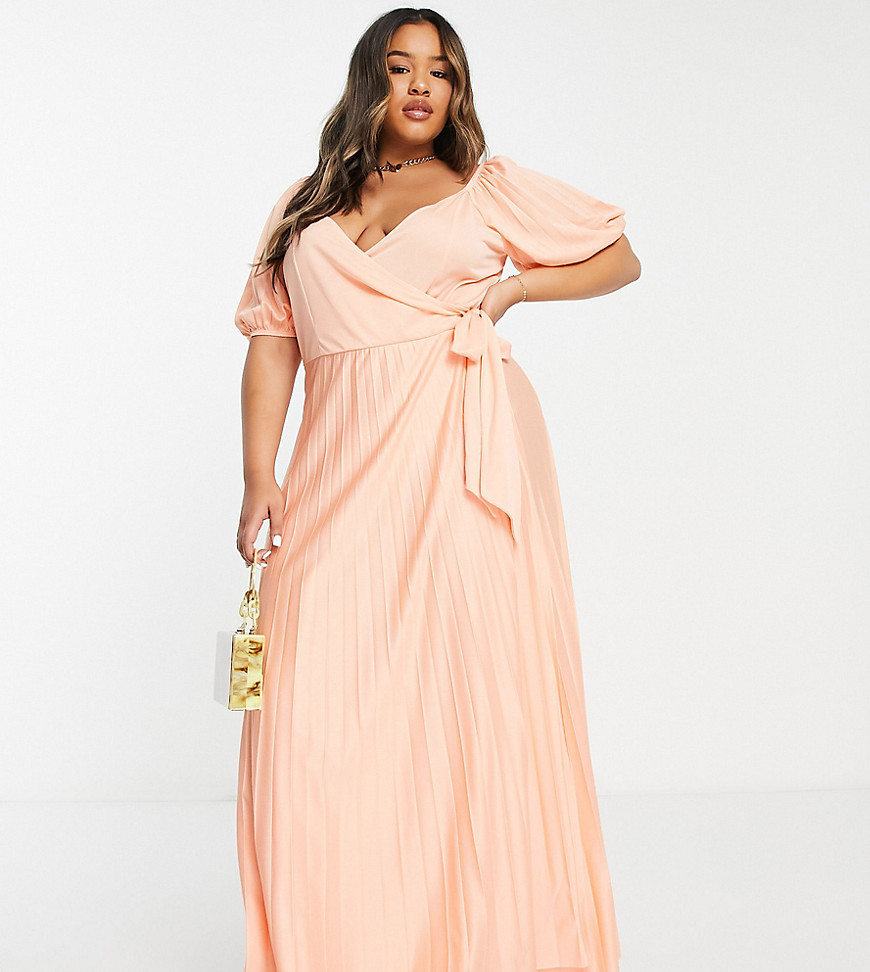 ASOS DESIGN Curve puff sleeve gathered front maxi dress in apricot - ORANGE