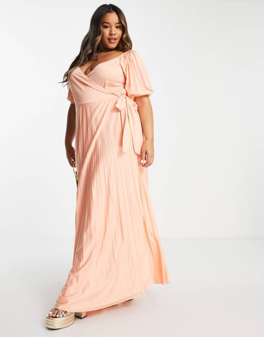 ASOS DESIGN Curve puff sleeve gathered front maxi dress in apricot