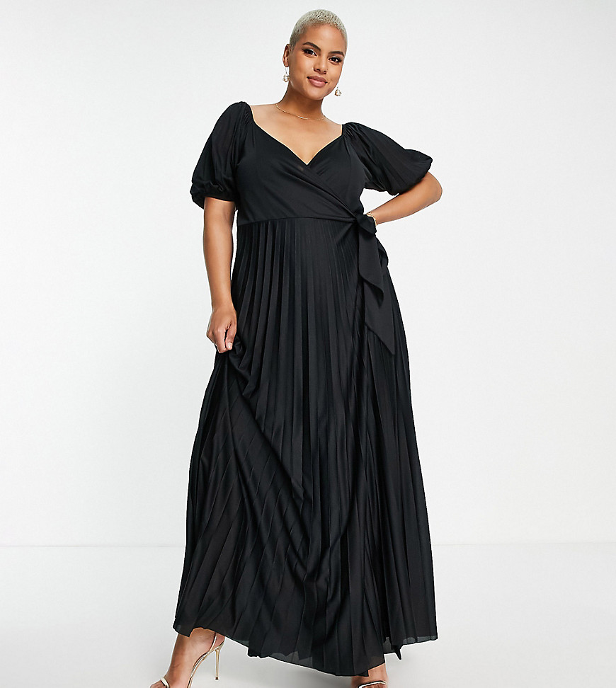 ASOS DESIGN Curve puff sleeve gathered front maxi dress in black - BLACK