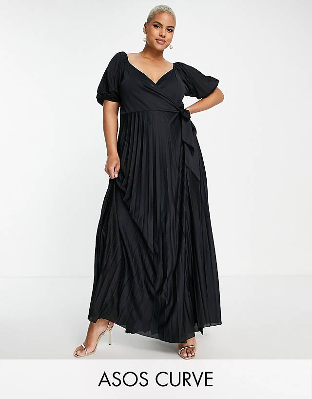 ASOS Curve - ASOS DESIGN Curve puff sleeve gathered front maxi dress in black - BLACK