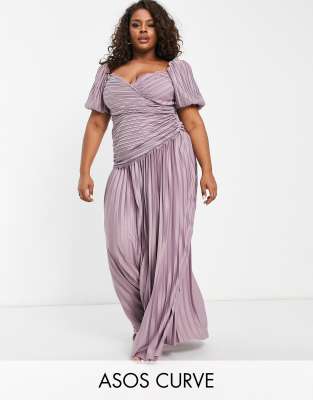 ASOS DESIGN Curve puff sleeve lace trim pleated skater maxi dress in mauve