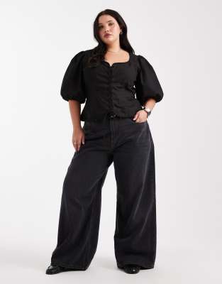 Asos Curve Asos Design Curve Puff Sleeve Lace Up Front Top In Black