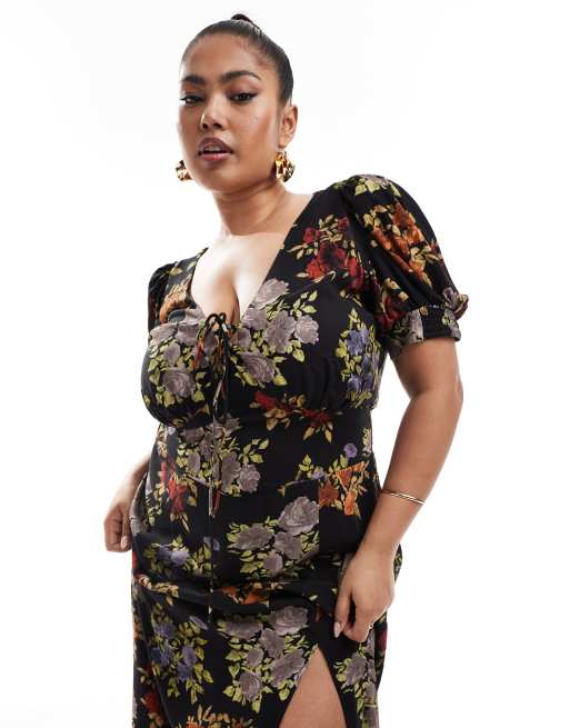 ASOS DESIGN Curve puff sleeve lace up midi dress in black vintage floral |  ASOS