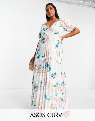 Asos Curve Asos Design Curve Puff Sleeve Maxi Wrap Dress In Blue Floral Print-multi