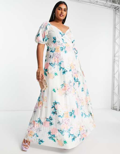 ASOS DESIGN Curve puff sleeve maxi wrap dress in blue floral print , 4 of 4