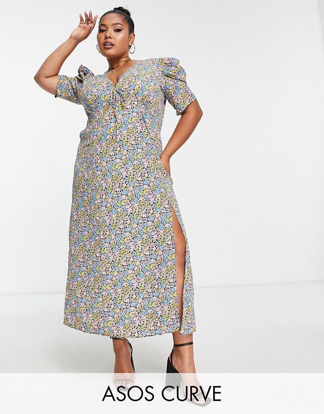 ASOS DESIGN Curve puff sleeve midi tea dress in multicolored floral print