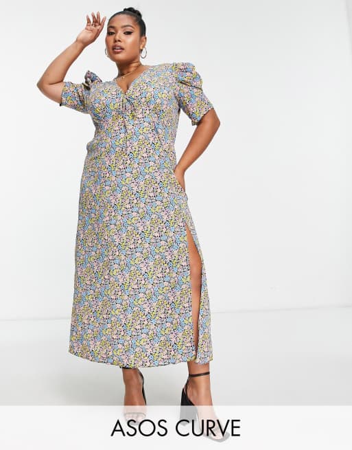 ASOS DESIGN Curve puff sleeve midi tea dress in multicolored floral print 