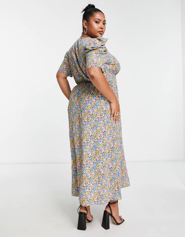 ASOS DESIGN Curve puff sleeve midi tea dress in multicolored floral print 0