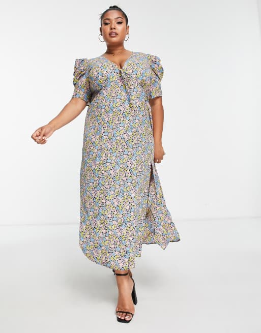 ASOS DESIGN Curve puff sleeve midi tea dress in multicolored floral print , 4 of 4
