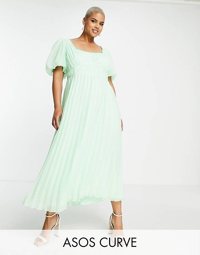 ASOS Curve - ASOS DESIGN Curve puff sleeve pleated dobby midi dress with scallop trim in pastel green