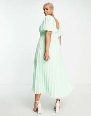 sage bubble sleeve pleated shirt dress